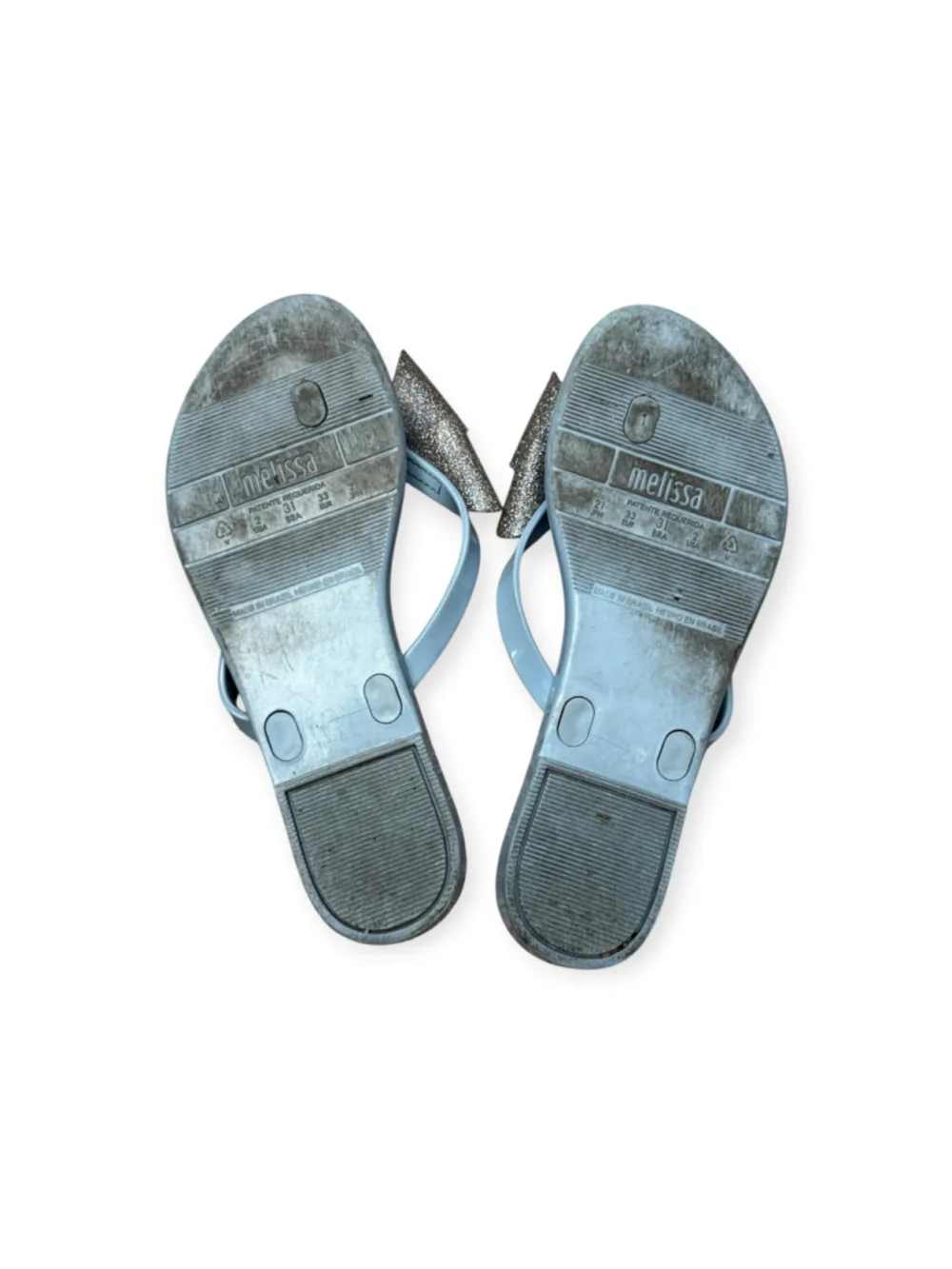 Melissa Girls Size 2 Blue Jelly Flip Flops Silver Glitter Bow Sandals